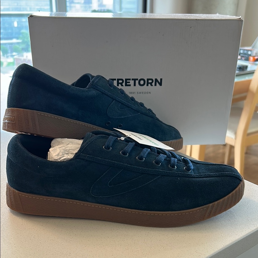 Tretorn Blue Suede with gum rubber contrast sole. Never worn Limited edition